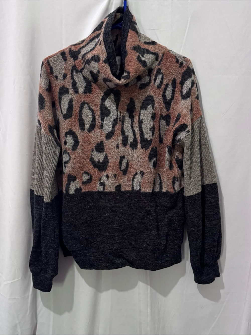 Together Leopard Colorblock Cowl Neck Sweater in Faded Orangeish, Gray, Black